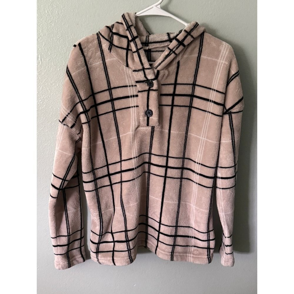 Como Blu Womens Large Beige Black Plaid Fuzzy Fleece Pullover Hoodie NO FLAWS